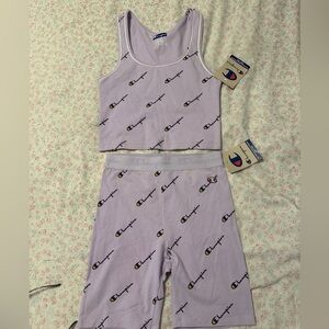 Champion Logo Print Crop Tank & Biker Shorts Set Lavender Size Small NWT